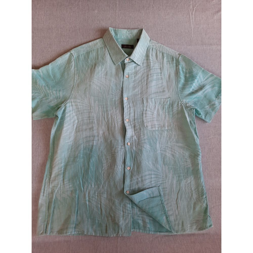 Tasso Elba Men XL Paisley Tropical Green Button Shirt Short Sleeve Linen Blend